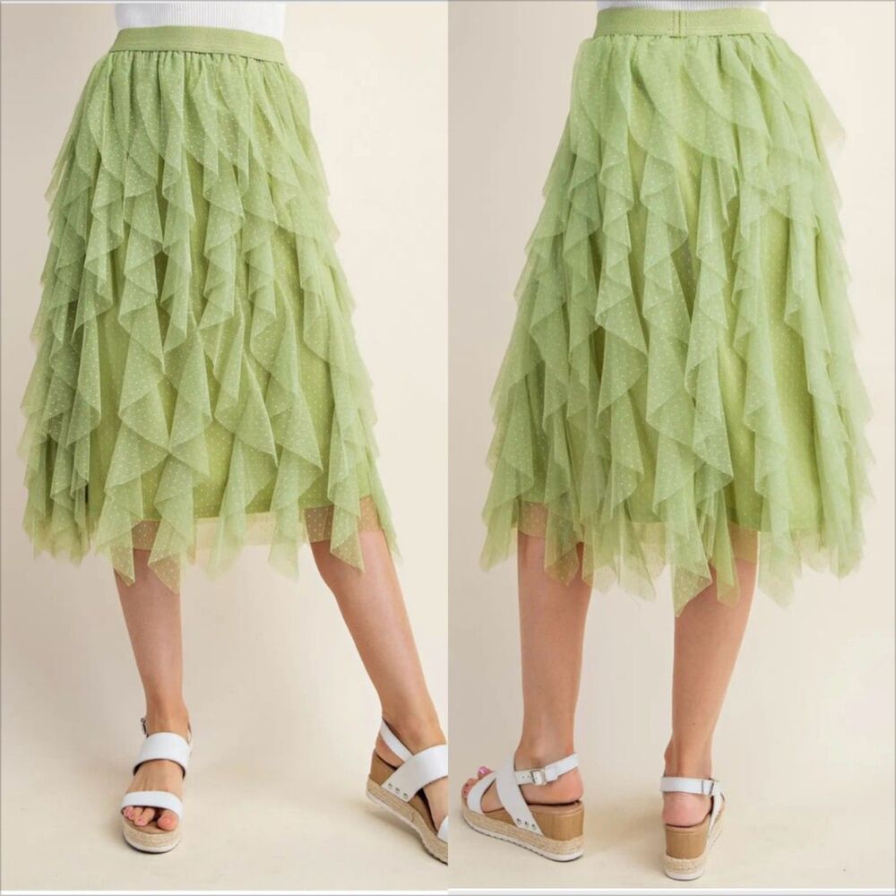 Gigio Ruffled Tulle Midi Skirt Size Large NWT Swiss Dot Light Sage Fairy Ballet